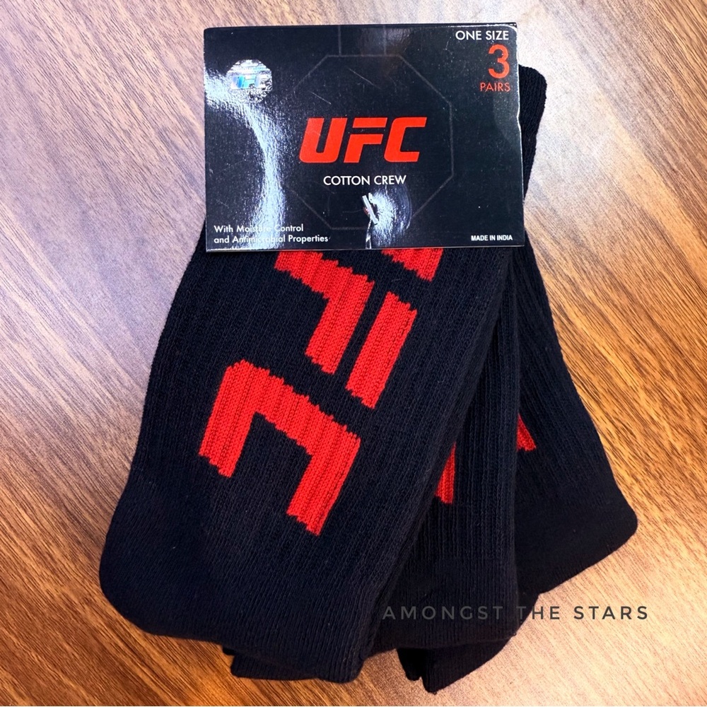 3 Pairs UFC Black & Red Men’s Cotton Crew Socks, One Size